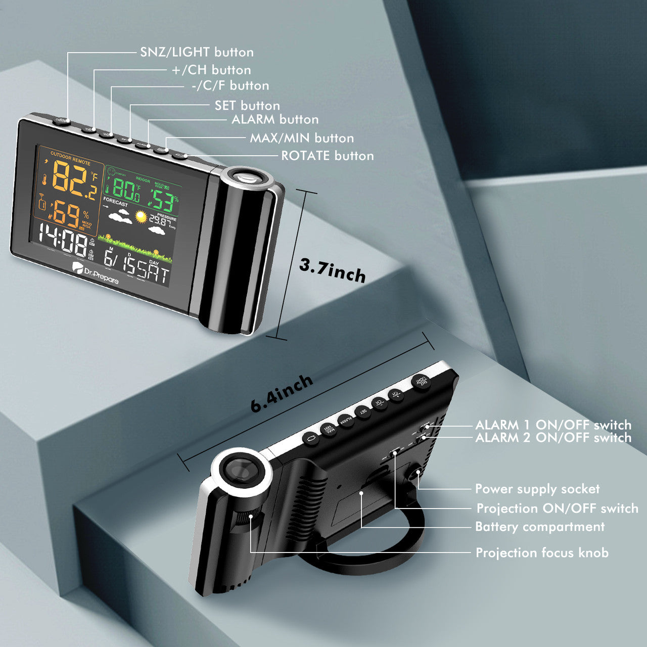 Renogy | Dr. Prepare Projection Alarm Clock 005 | DPWS-OUT005-US