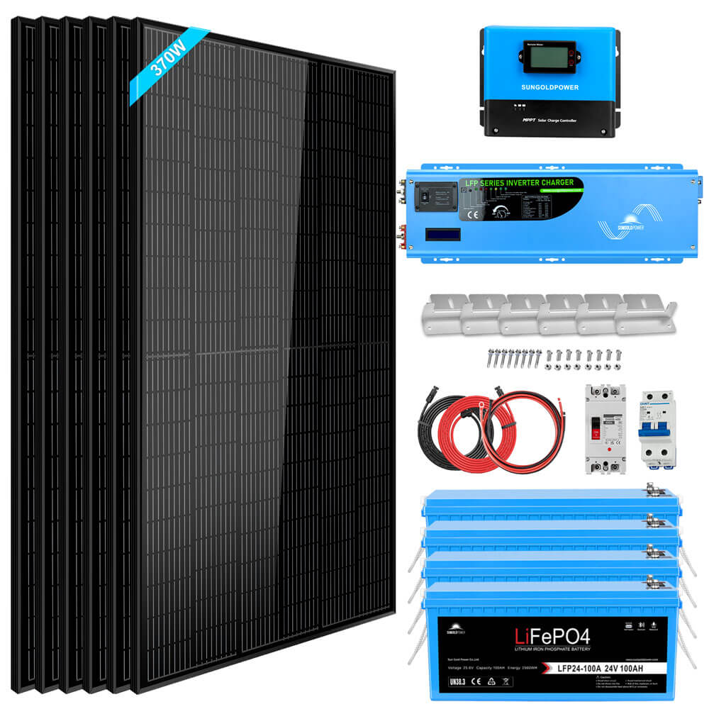 SunGoldPower Off Grid Solar Kit 6000W 24VDC 120V/240V LiFePO4 10.24KWH Lithium Battery 6 X 370 Watt Solar Panels SGK-PRO62