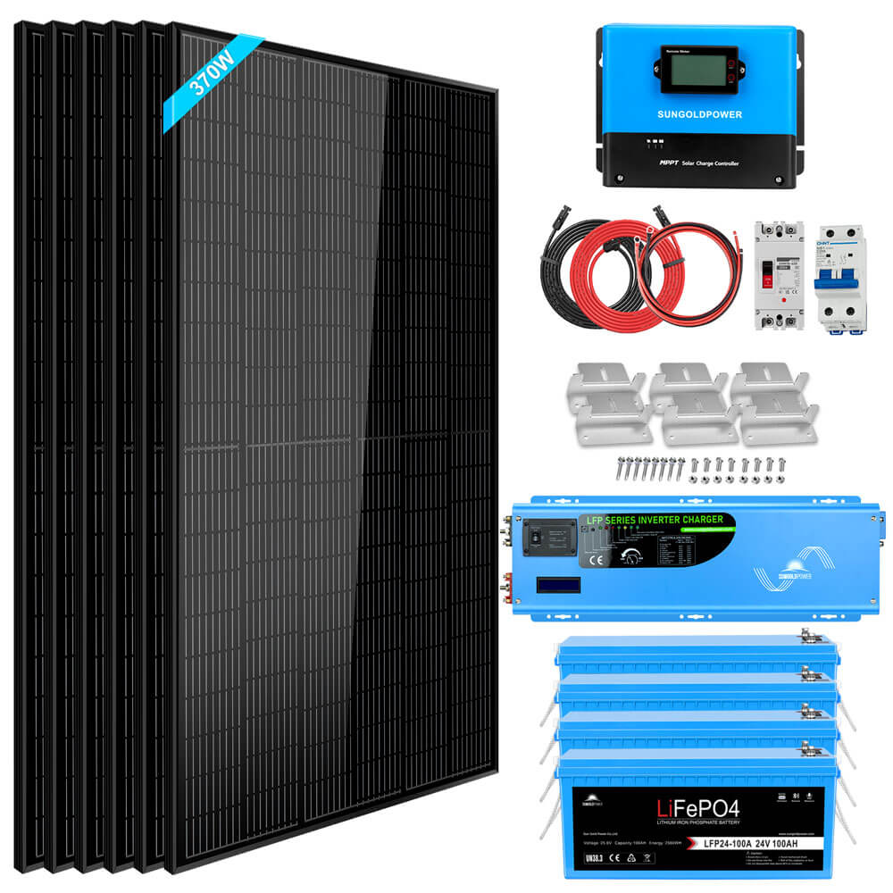 SunGoldPower Off Grid Solar Kit 6000W 24/ 48VDC 120V/240V LifePO4 10.24KWH Lithium Battery 6 X 370 Watt Solar Panels SGK-PRO64/ SGK-PRO62