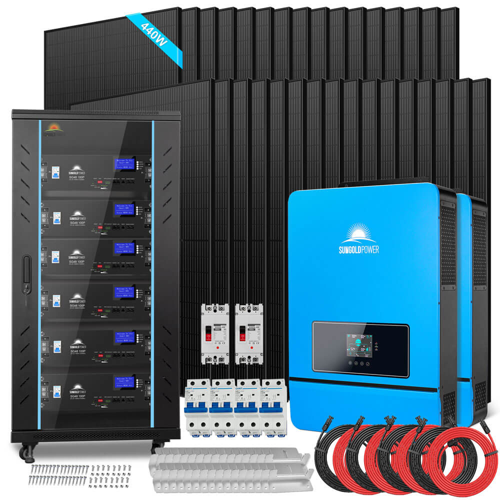 SunGoldPower OFF GRID SOLAR KIT 20KW 48VDC 120V/240V LIFEPO4 30.72KWH LITHIUM BATTERY 32 X 450 WATTS SOLAR PANELS