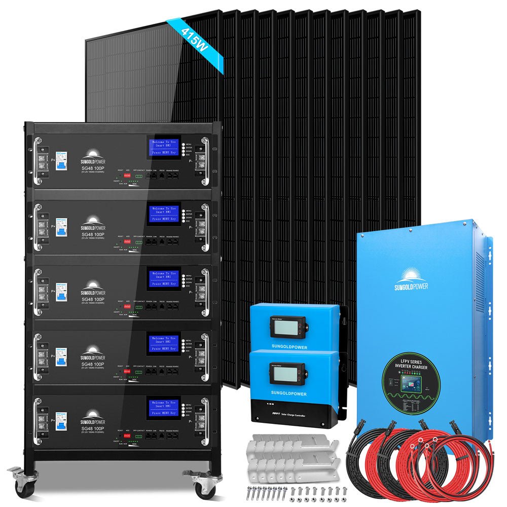 SunGoldPower Off-Grid Solar Kits 12kW/15kW/18kW Options 120V/240V with 48v LiFePO4 Lithium Batteries & 415w Solar Panels