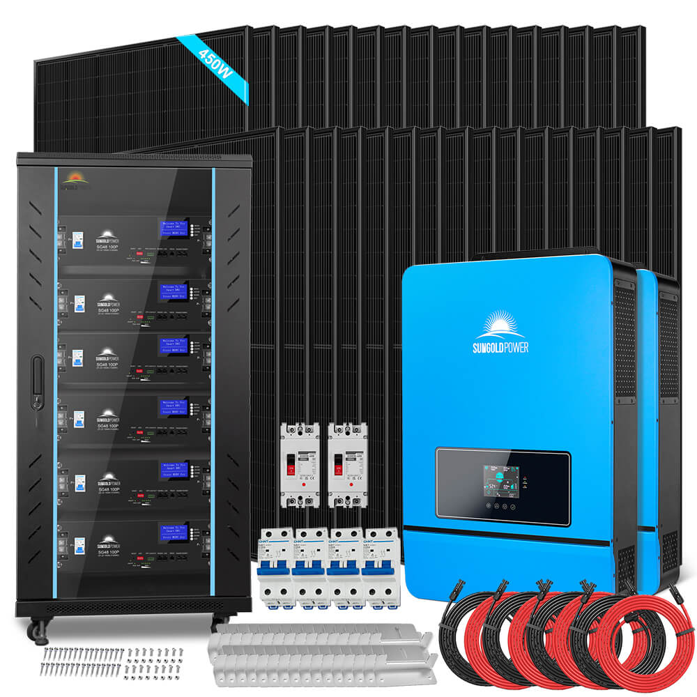 SunGoldPower OFF GRID SOLAR KIT 20KW 48VDC 120V/240V LIFEPO4 30.72KWH LITHIUM BATTERY 32 X 450 WATTS SOLAR PANELS