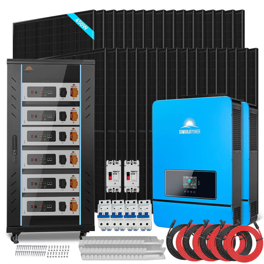 SunGoldPower OFF GRID SOLAR KIT 20KW 48VDC 120V/240V LIFEPO4 30.72KWH LITHIUM BATTERY 32 X 450 WATTS SOLAR PANELS