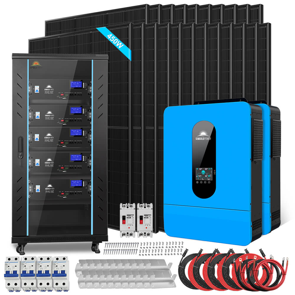 SunGoldPower Off Grid Solar Kit 13000W 48VDC 120V/240KWH LiV LifePo4 25.6thium Battery 22 X 450 Watts Solar Panels SGR-13K25E