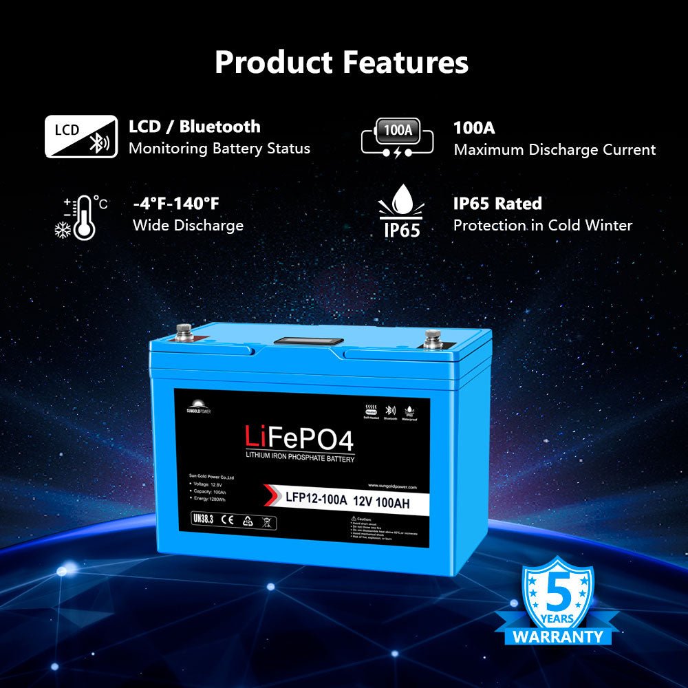 SunGoldPower 12V 100Ah/ 200Ah LiFePo4 Deep Cycle Lithium Battery Bluetooth / Self-Heating / IP65