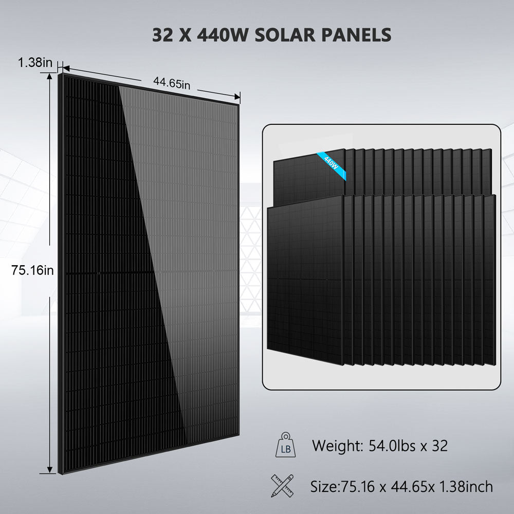 SunGoldPower OFF GRID SOLAR KIT 20KW 48VDC 120V/240V LIFEPO4 30.72KWH LITHIUM BATTERY 32 X 450 WATTS SOLAR PANELS