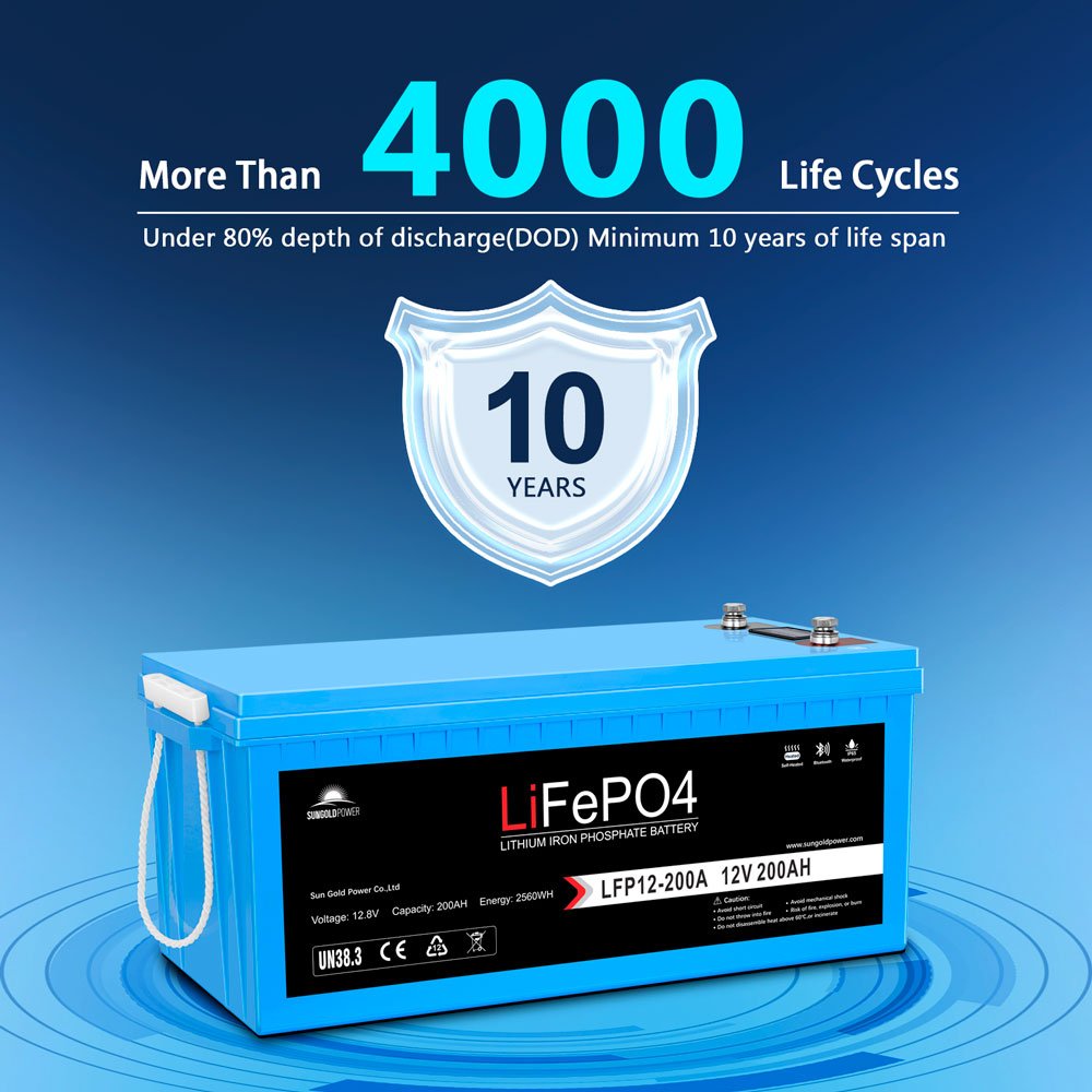 SunGoldPower 12V 100Ah/ 200Ah LiFePo4 Deep Cycle Lithium Battery Bluetooth / Self-Heating / IP65
