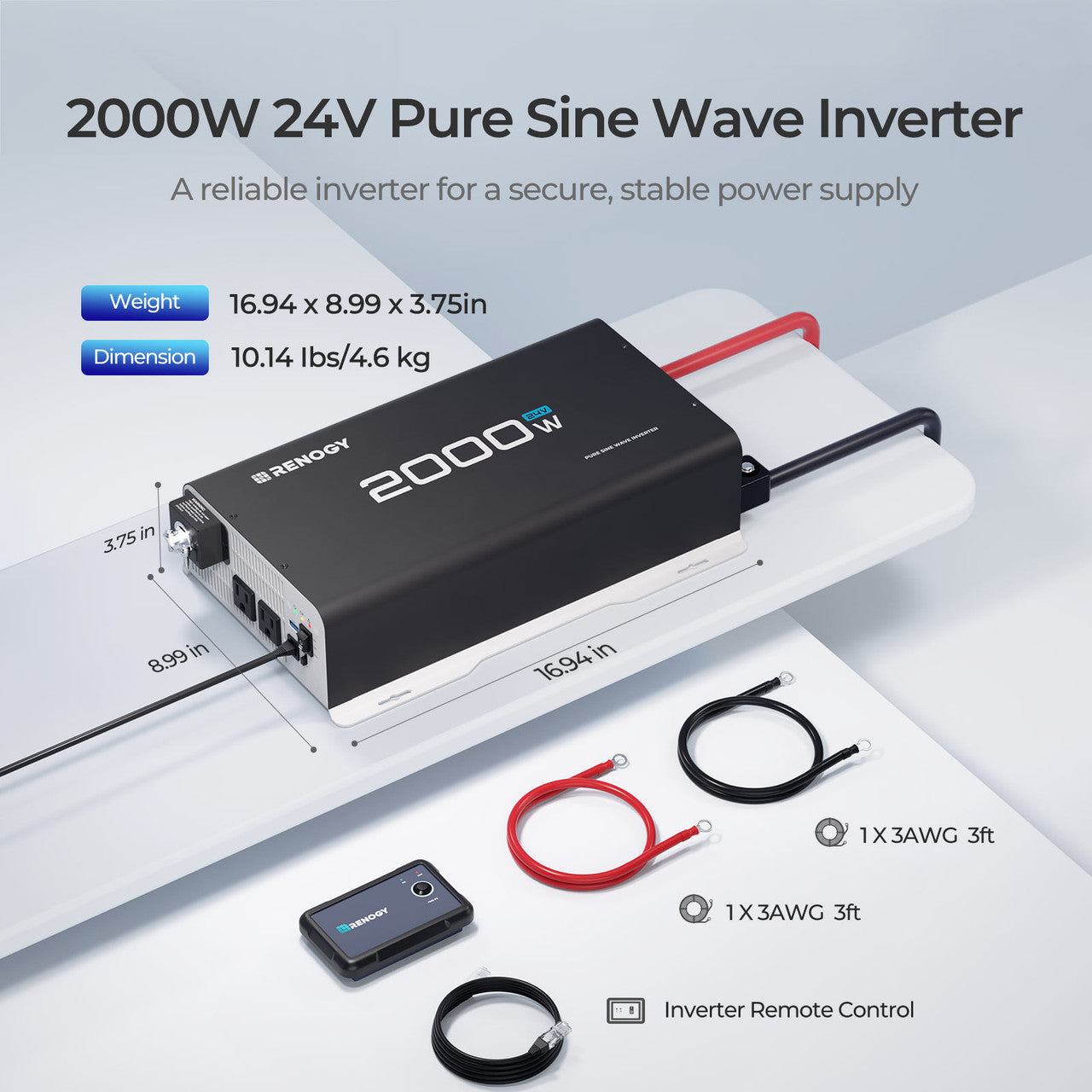 Renogy | 2000W 24V Pure Sine Wave Inverter | RIV2420P2-12S-US