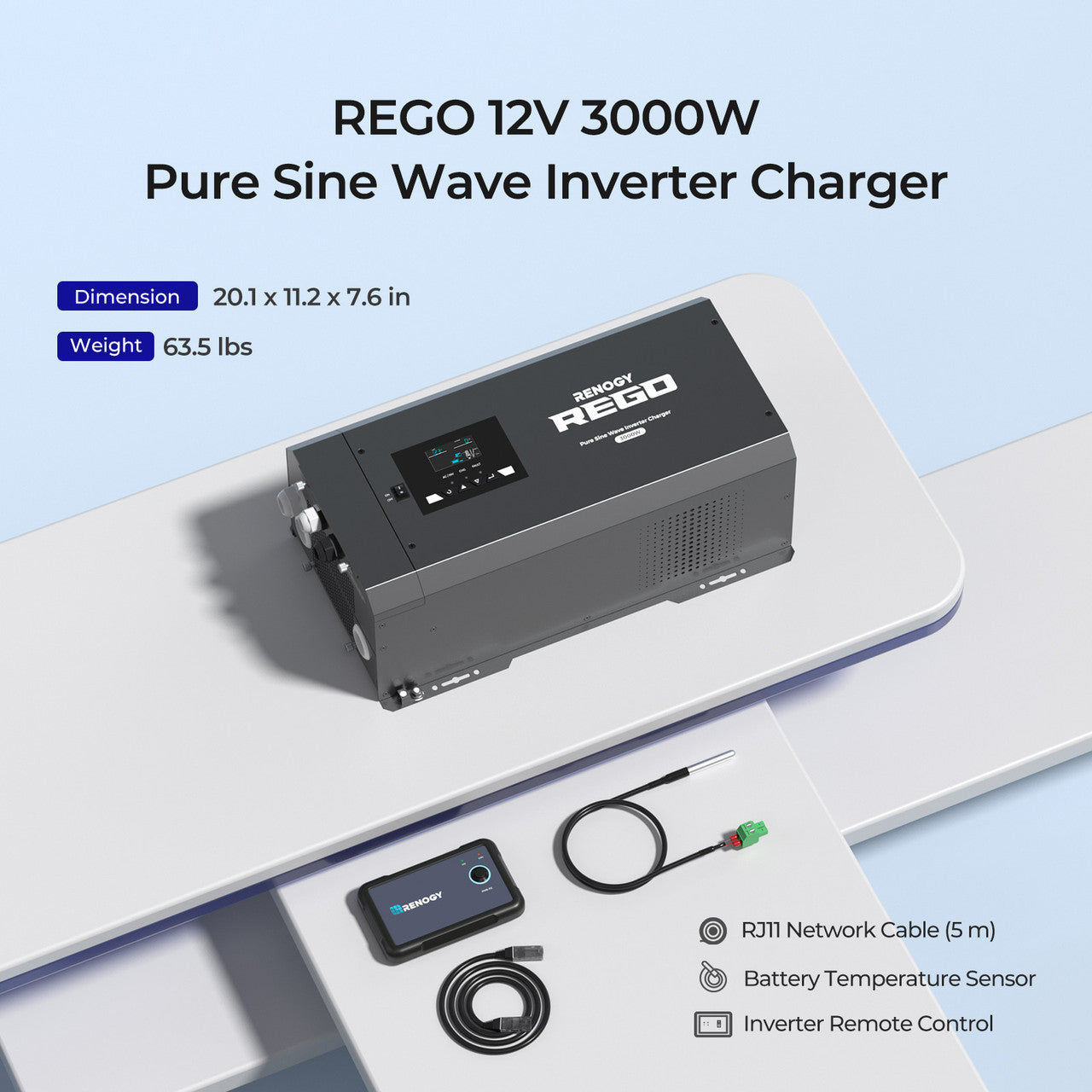 Renogy | REGO 12V 3000W Pure Sine Wave Inverter Charger w/ LCD Display | RIV1230RCL-1SS-US