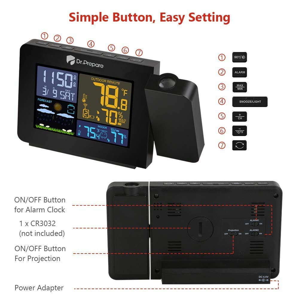 Renogy | Dr. Prepare Projection Alarm Clock 002 DPWS-OUT-002-US | DPWS-OUT-002-US