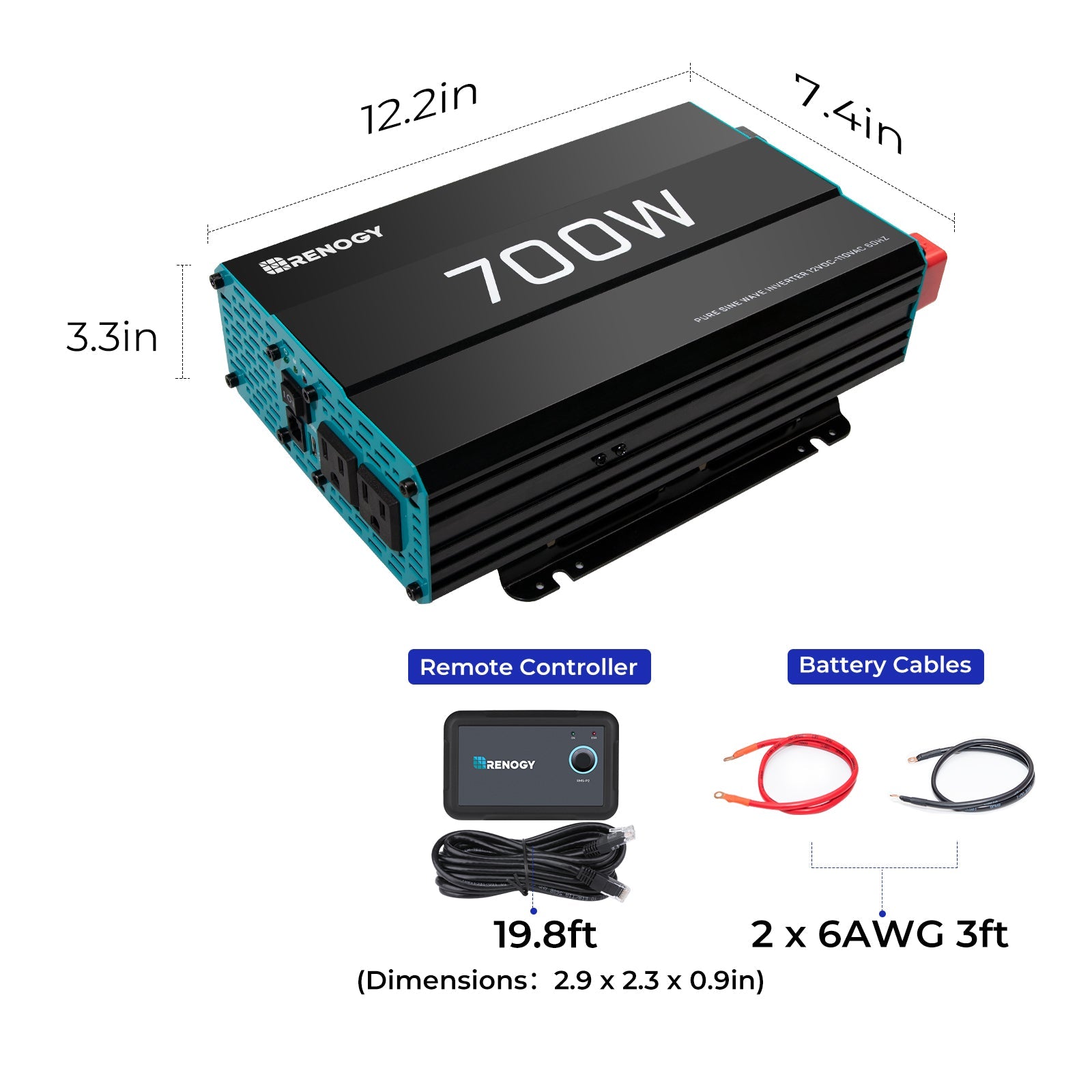 Renogy | 700W 12V Pure Sine Wave Inverter | RNG-INVT-700-12V-P2-US