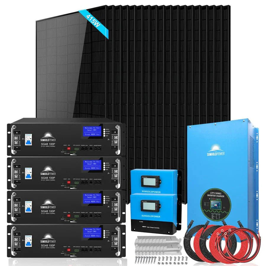 SunGoldPower Off-Grid Solar Kits 12kW/15kW/18kW Options 120V/240V with 48v LiFePO4 Lithium Batteries & 415w Solar Panels