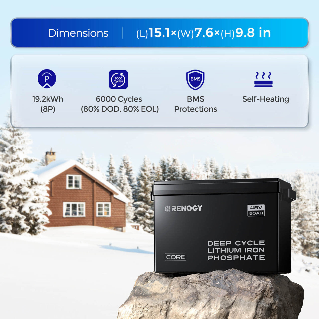 Renogy | Core - 48V 50Ah Smart Lithium Iron Phosphate Battery w/Self-heating | RBT4850LFPSH-US