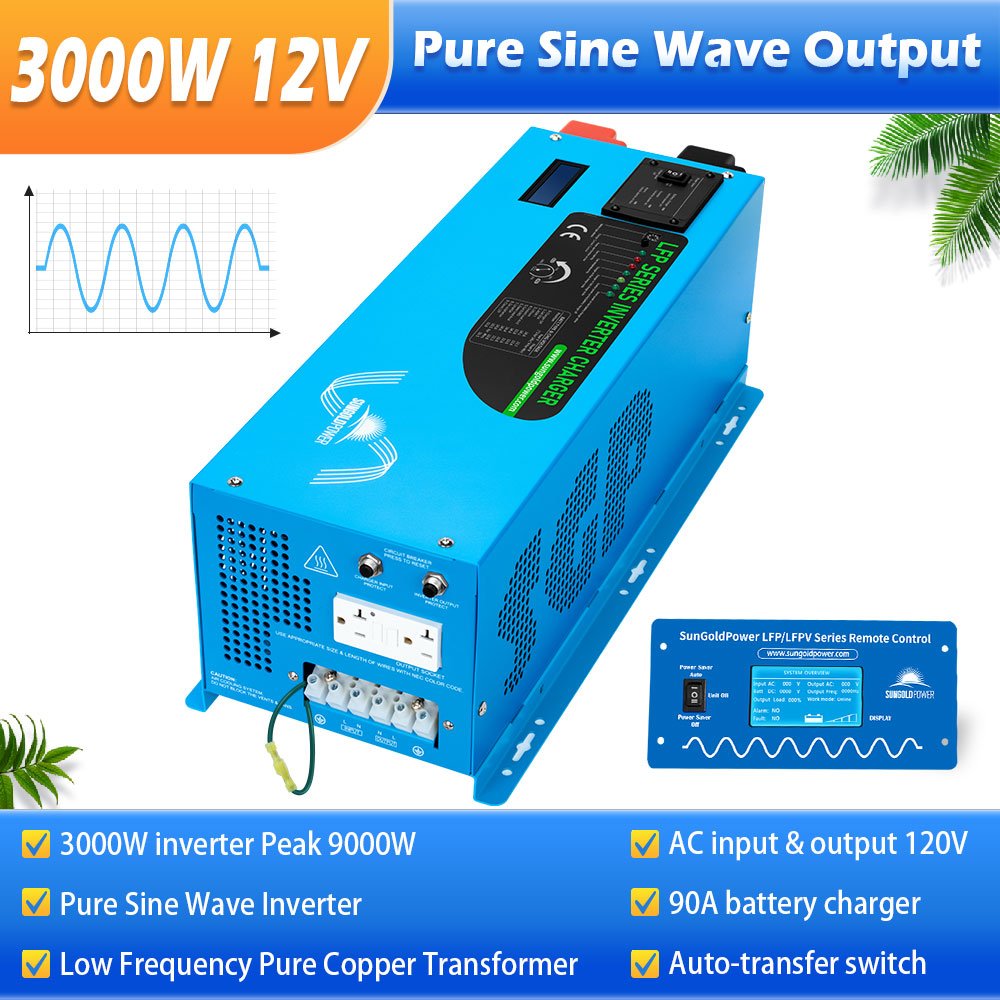 SunGoldPower 2000W/ 3000W/ 4000W DC 12V Pure Sine Wave Inverter With Charger