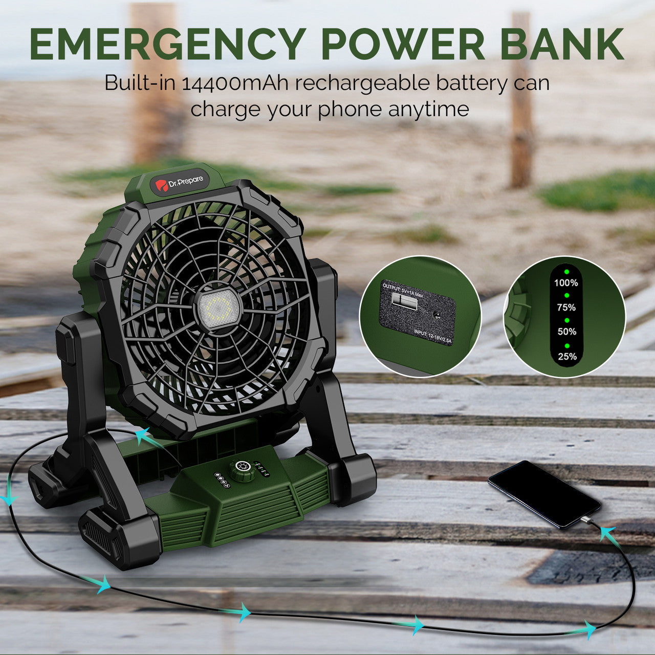 Renogy | Dr.Prepare X35 Portable Camping Fan with LED Light | DCF-1BK35-US