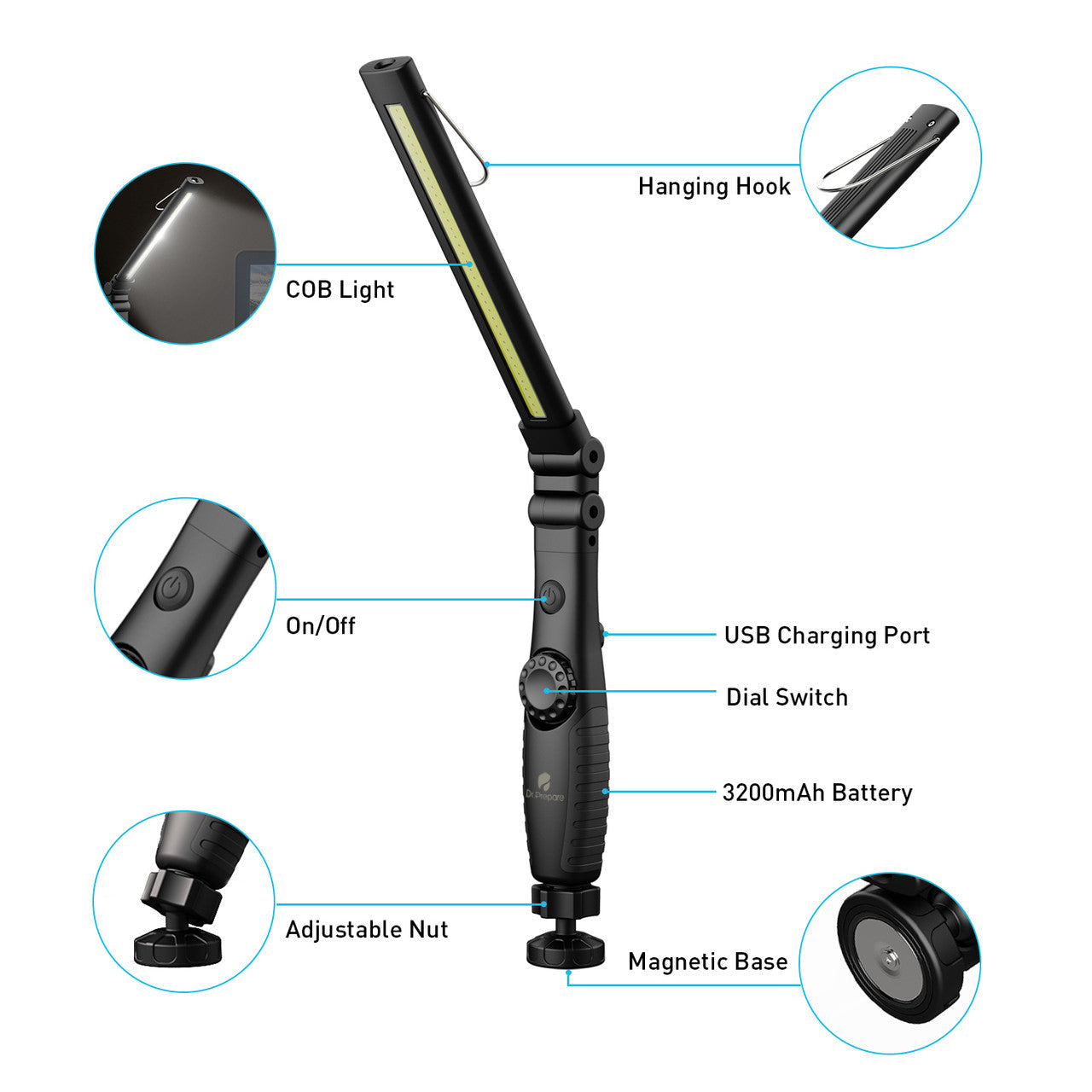 Renogy | Dr. Prepare 700-lumens 3200mAh Foldable Rechargeable LED Work Light | DWL-1BK3200F