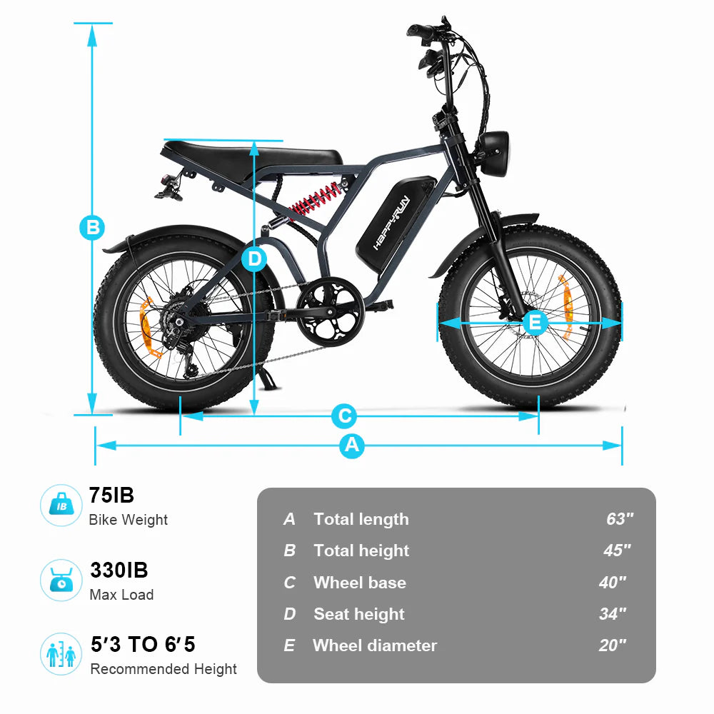 HappyRunSports Tank G60 Pro 2000W Moped Style Offroad Electric Bike Fat Tire