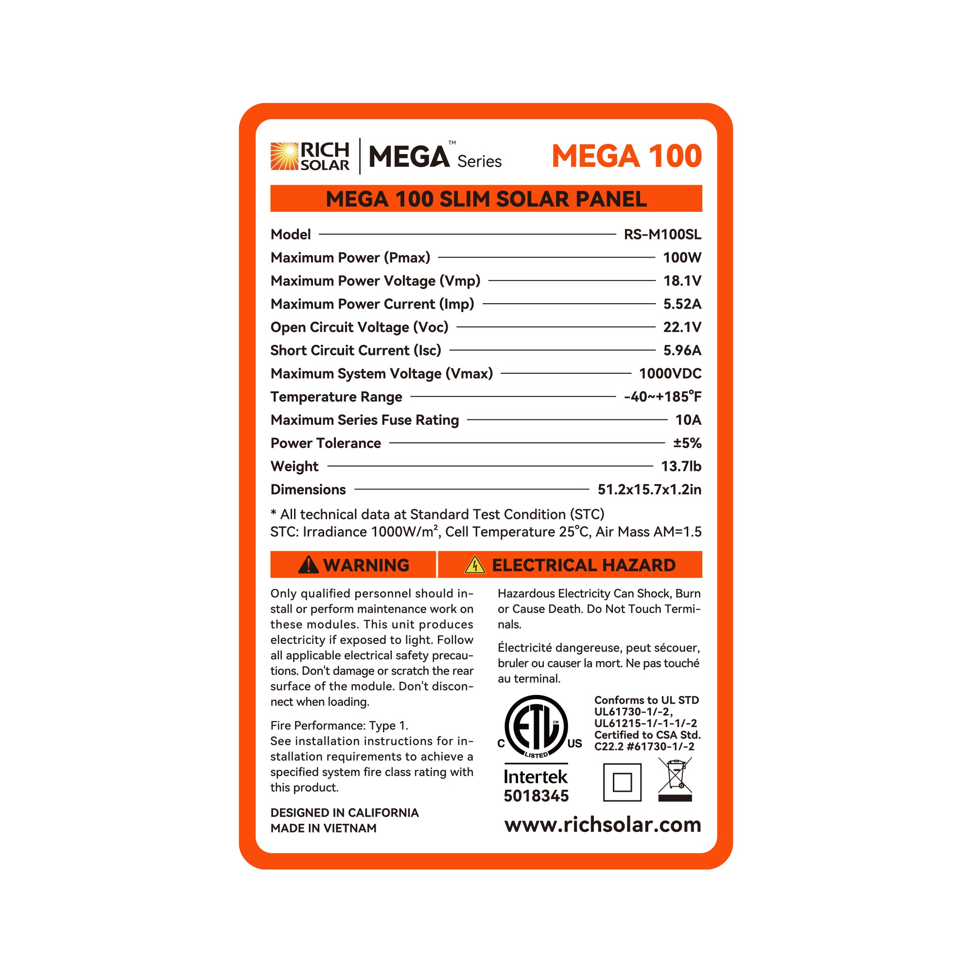 Rich Solar Slim Solar Panel MEGA 100 SLIM RS-M100SL