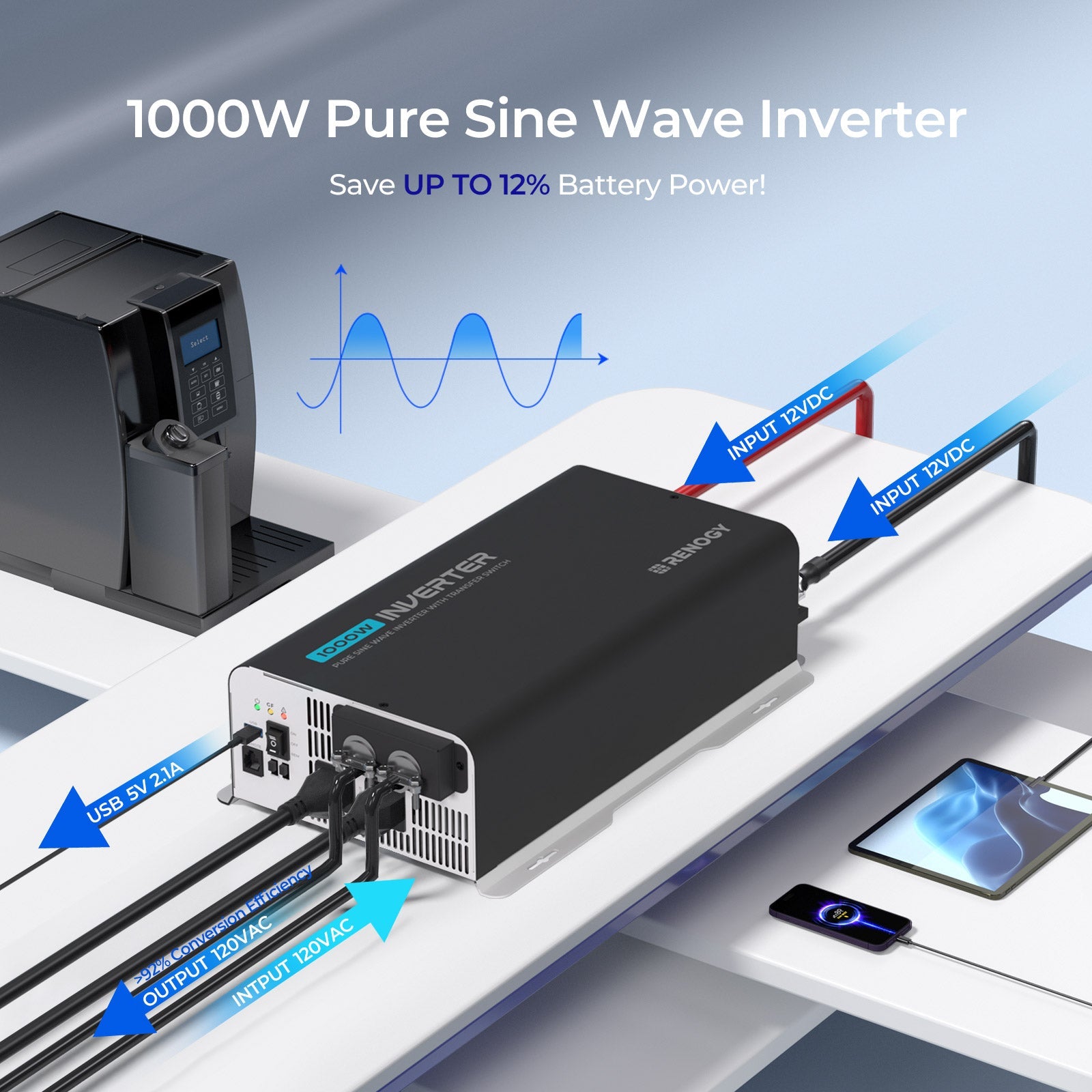 Renogy | 1000W 12V Pure Sine Wave Inverter with UPS Transfer Switch and Built-in Bluetooth | RIV1210PU-126-US