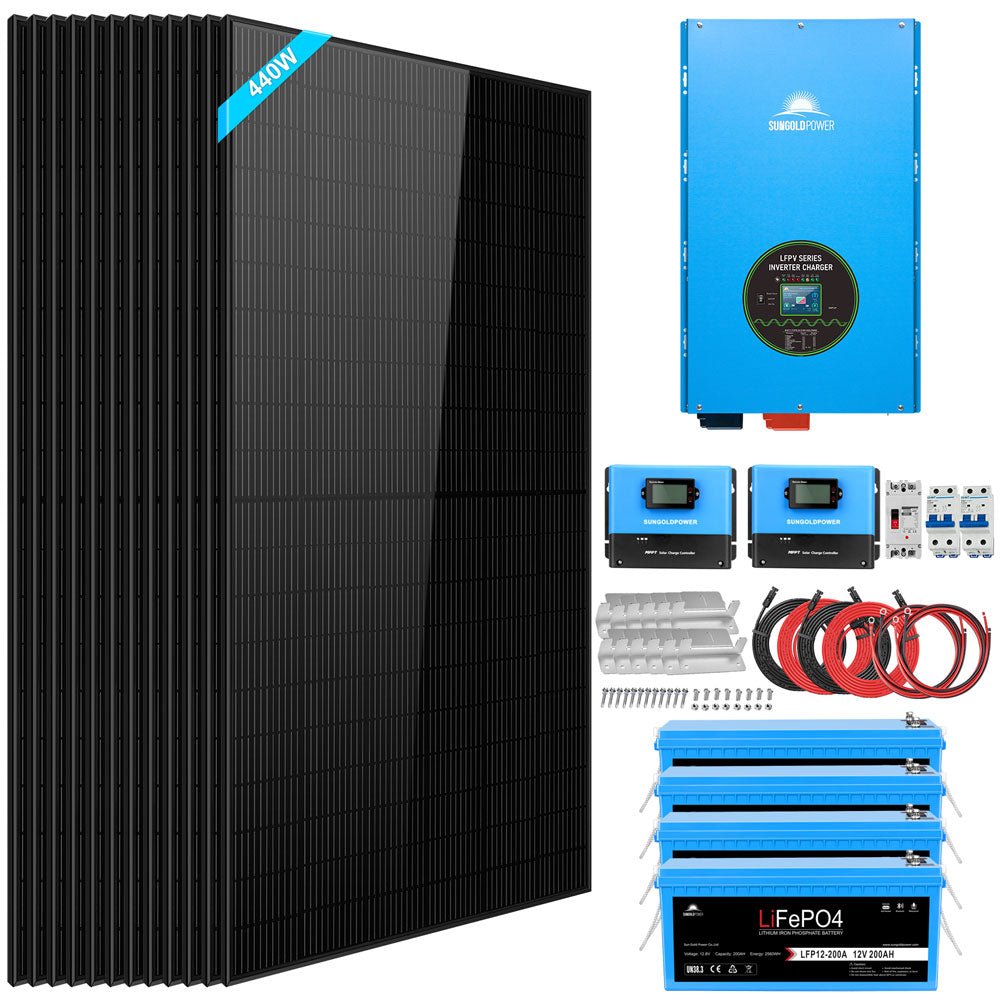 SunGoldPower Complete off Grid Solar Kit 12000W 48V 120V/240V output 10.24KWH Lithium Battery 5400 Watt Solar Panel SGK-12MAX