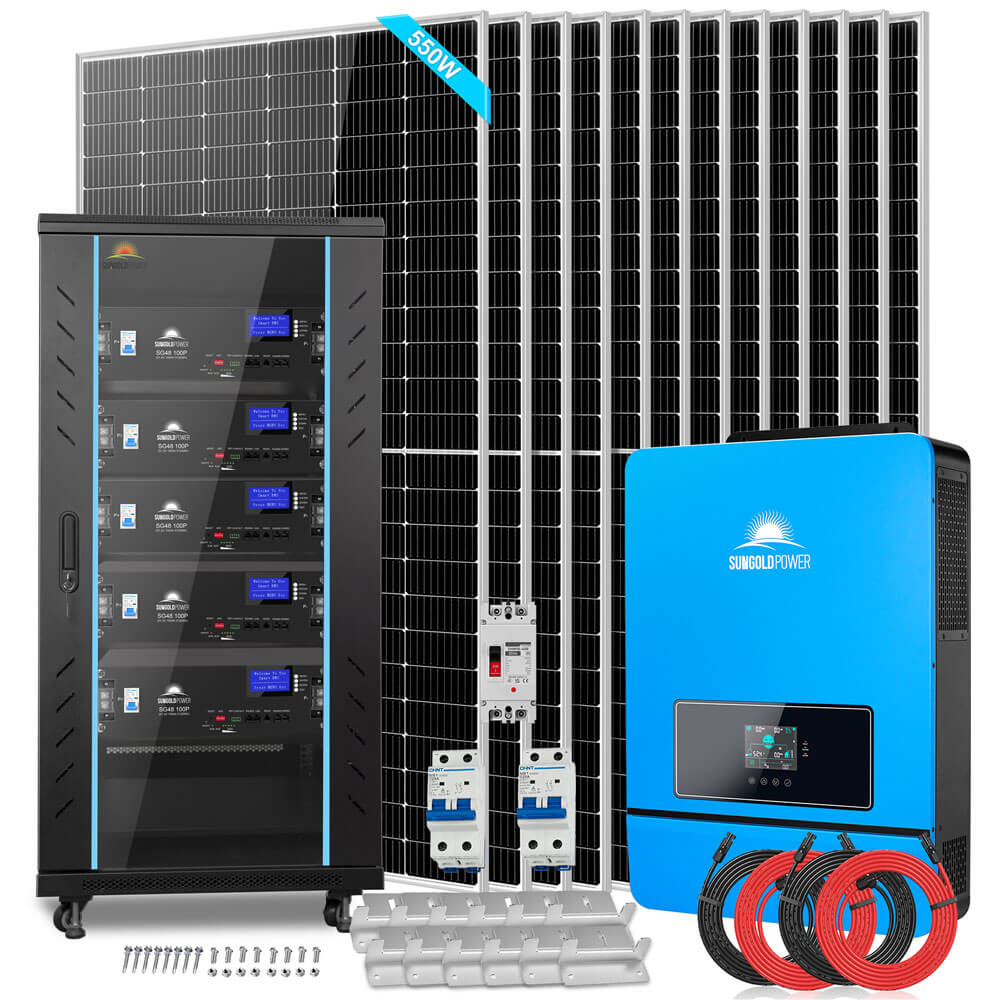 SunGoldPower OFF GRID SOLAR KIT 12 X 550 WATTS SOLAR PANELS 25.6KWH LITHIUM BATTERY 10KW SOLAR INVERTER 48VDC 120V/240V