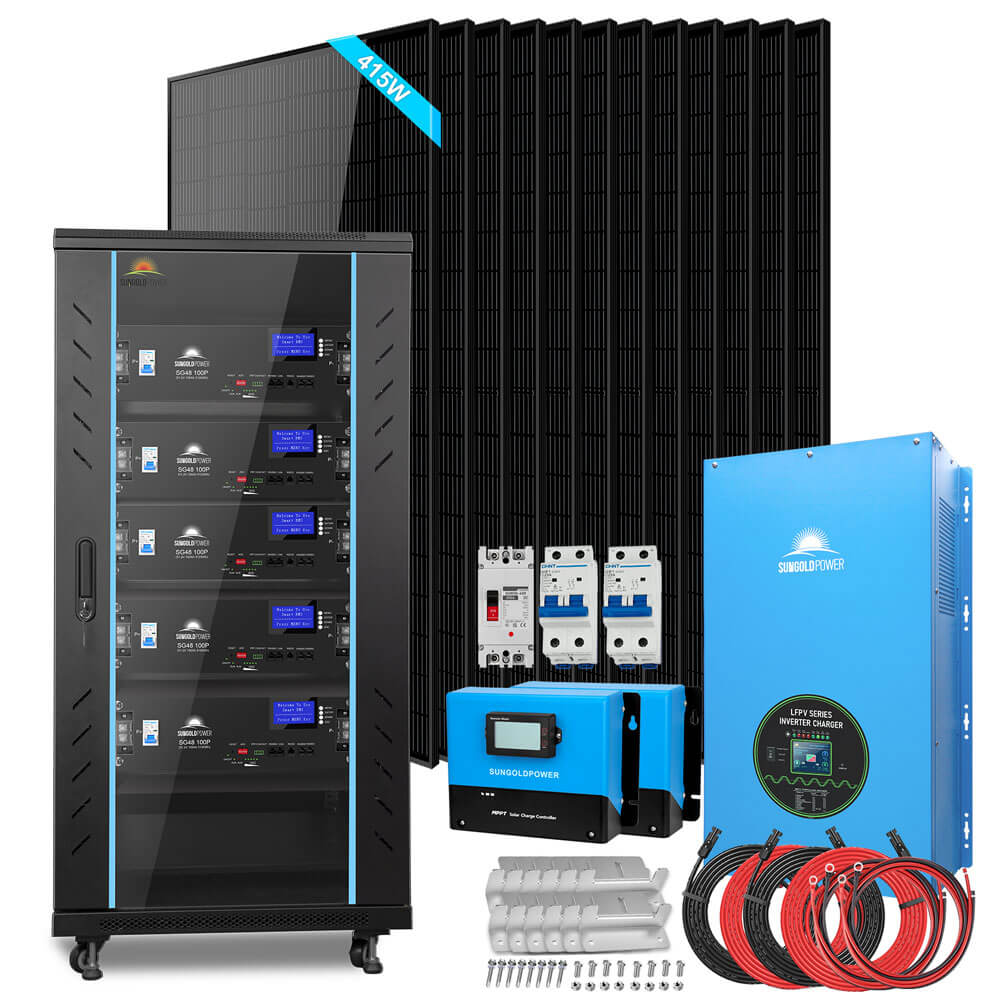 SunGoldPower Off-Grid Solar Kits 12kW/15kW/18kW Options 120V/240V with 48v LiFePO4 Lithium Batteries & 415w Solar Panels
