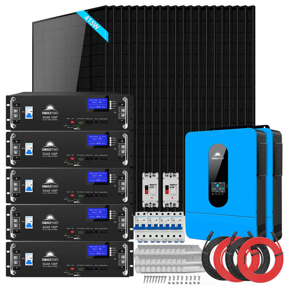 SunGoldPower Off-Grid Solar Kit 13000W 48VDC 120V/240V LifePo4 20.48KWH Lithium Battery 14 X 415 Watts Solar Panels SGR-13KM