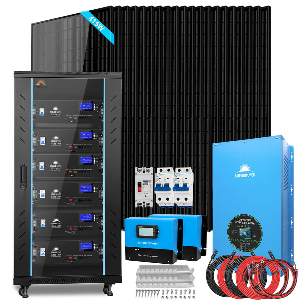 SunGoldPower Off-Grid Solar Kits 12kW/15kW/18kW Options 120V/240V with 48v LiFePO4 Lithium Batteries & 415w Solar Panels