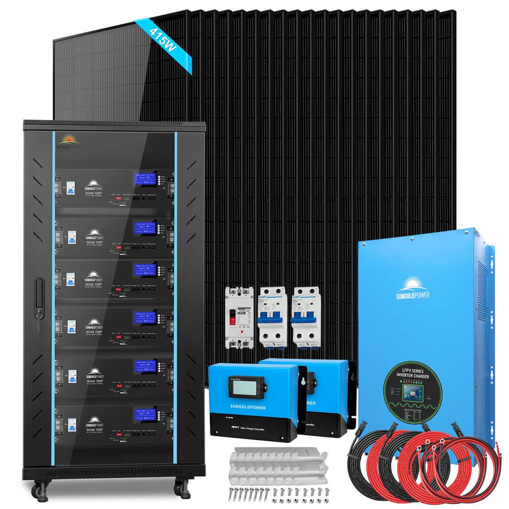 SunGoldPower Off-Grid Solar Kits 12kW/15kW/18kW Options 120V/240V with 48v LiFePO4 Lithium Batteries & 415w Solar Panels