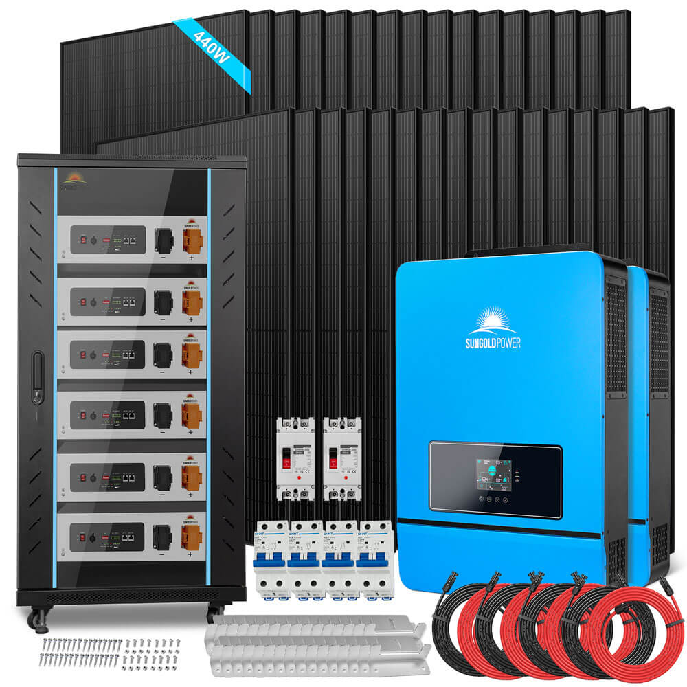 SunGoldPower OFF GRID SOLAR KIT 20KW 48VDC 120V/240V LIFEPO4 30.72KWH LITHIUM BATTERY 32 X 450 WATTS SOLAR PANELS